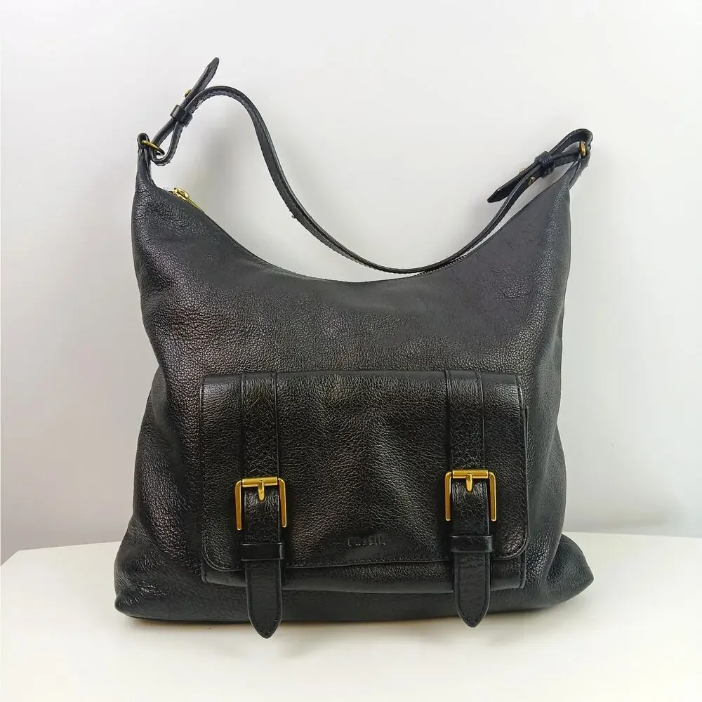 Fossil Cleo Large 1 Strap Hobo Shoulder Bag In Soft Black Leather Gold Hardware